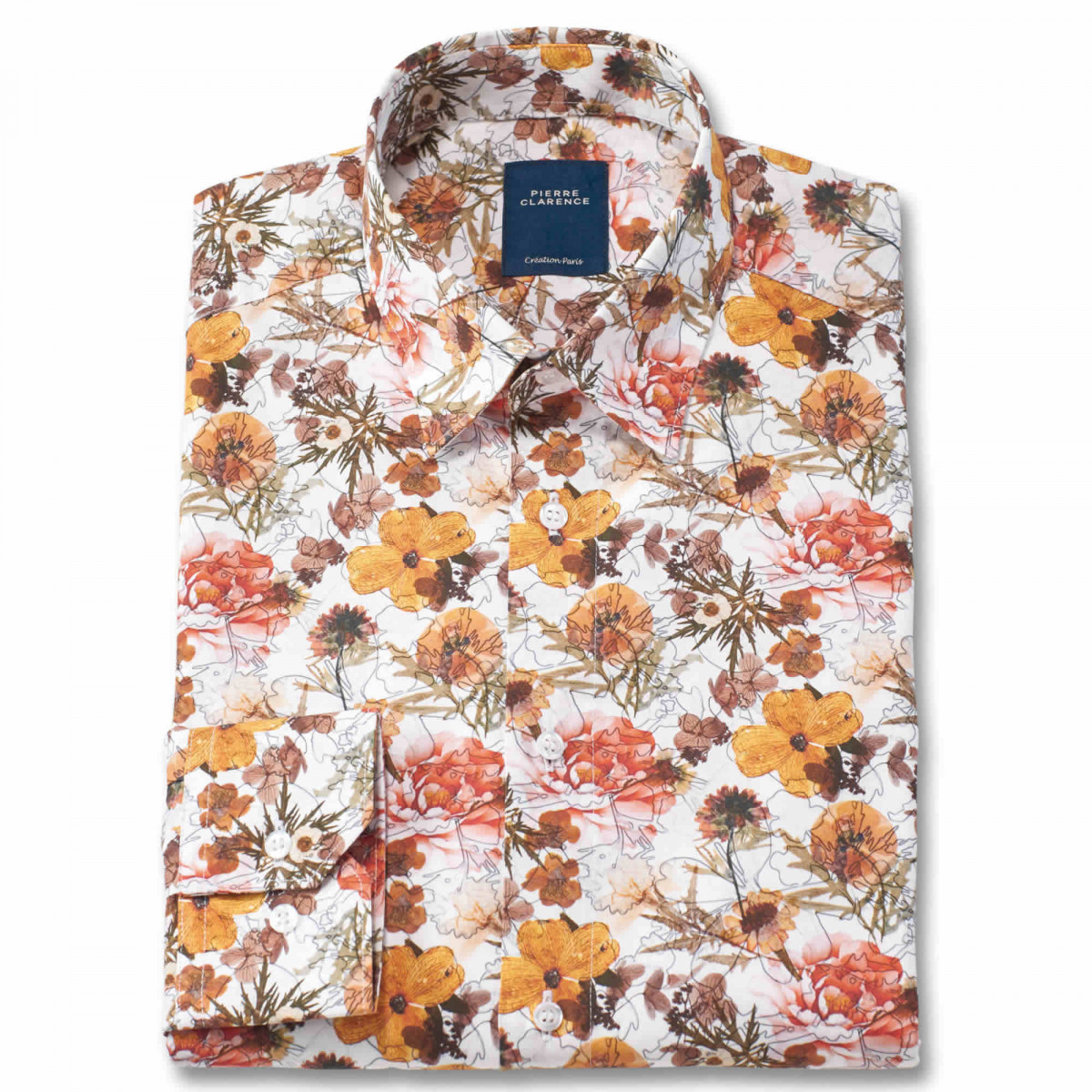 Chemise droite coton imprimée floral col boutonnage caché 43/44 Blanc