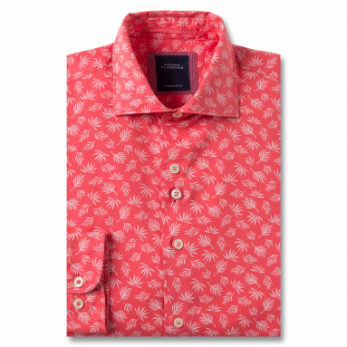 Chemise droite coton imprimée hibiscus col italien